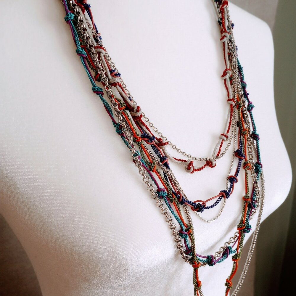 Multi-Colored Braided Silver Chain and Cord Necklace